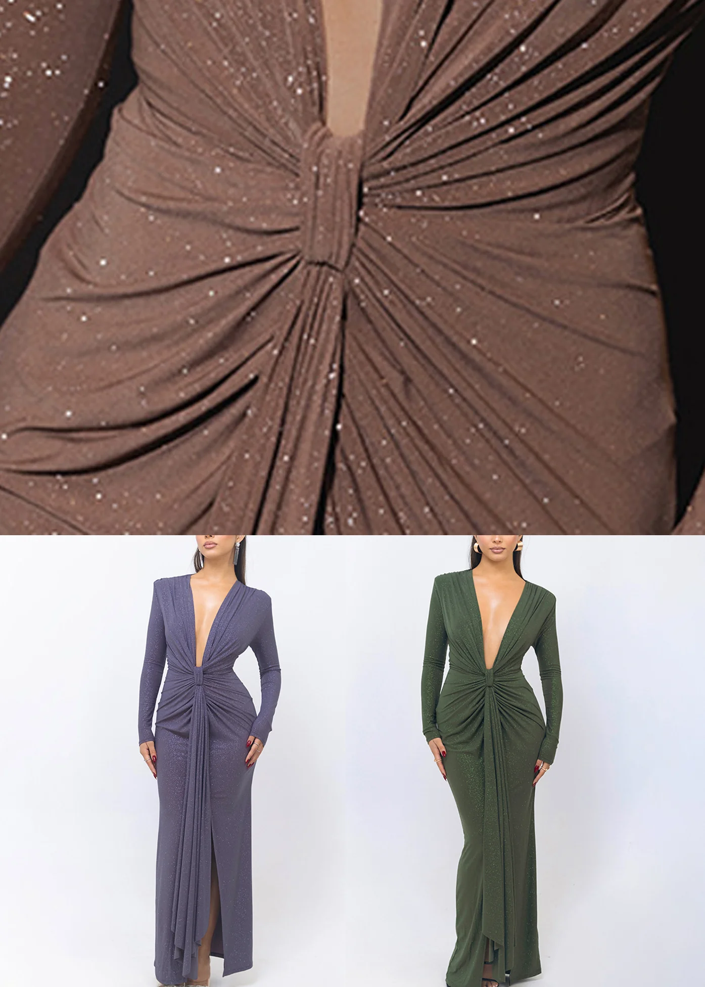 Purple Wrinkled Side Open Spring Long Dresses V Neck - Image 5