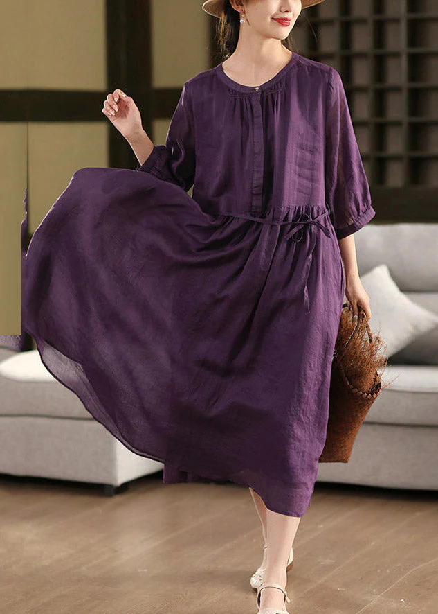 Purple Wrinkled Tie Waist Solid Linen Holiday Maxi Dress Summer - Image 2