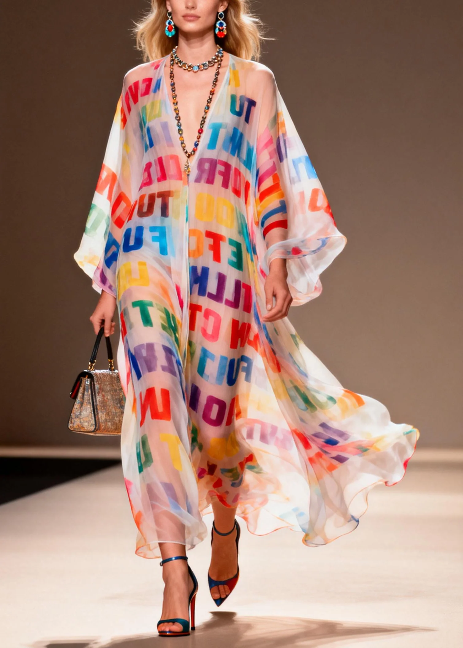Rainbow Letter Print Chiffon Beach Dress Oversized Summer - Image 3
