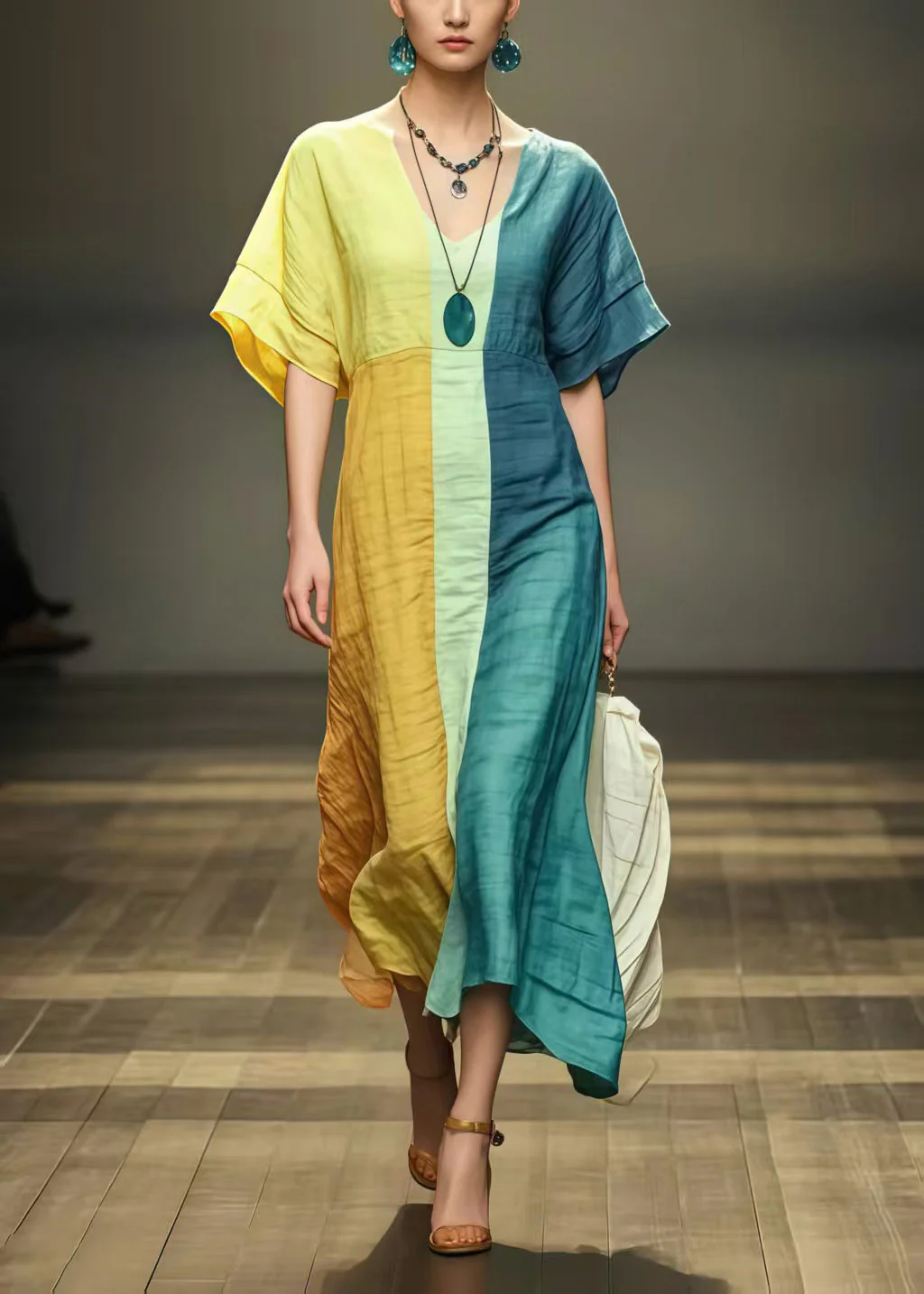 Rainbow Patchwork Cotton Holiday Dress Wrinkled Summer - Image 3