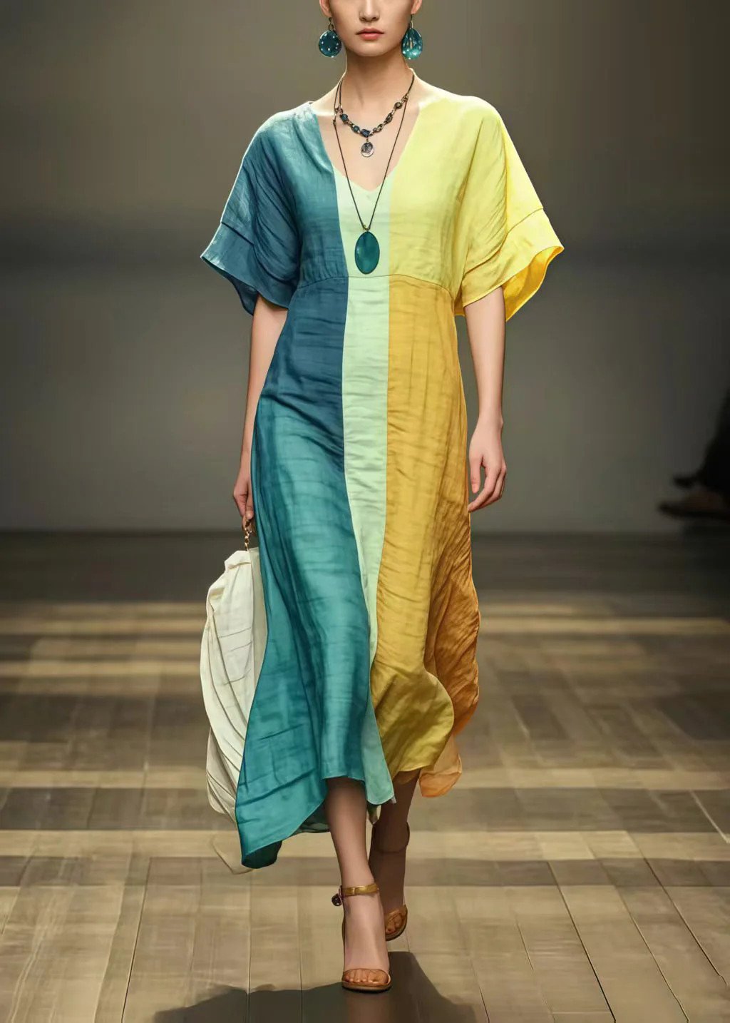 Rainbow Patchwork Cotton Holiday Dress Wrinkled Summer - Image 5