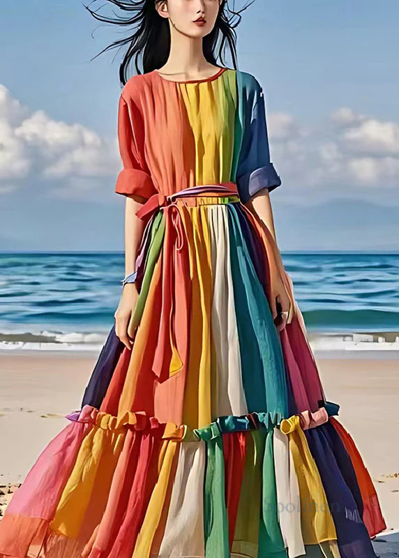 Rainbow Patchwork Linen Holiday Dress Exra Large Hem Summer - Image 2