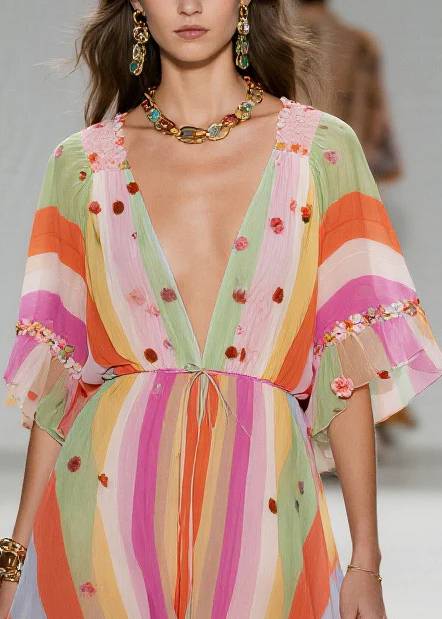 Rainbow Striped Chiffon Party Dress Ruffled Low High Design Summer - Image 2