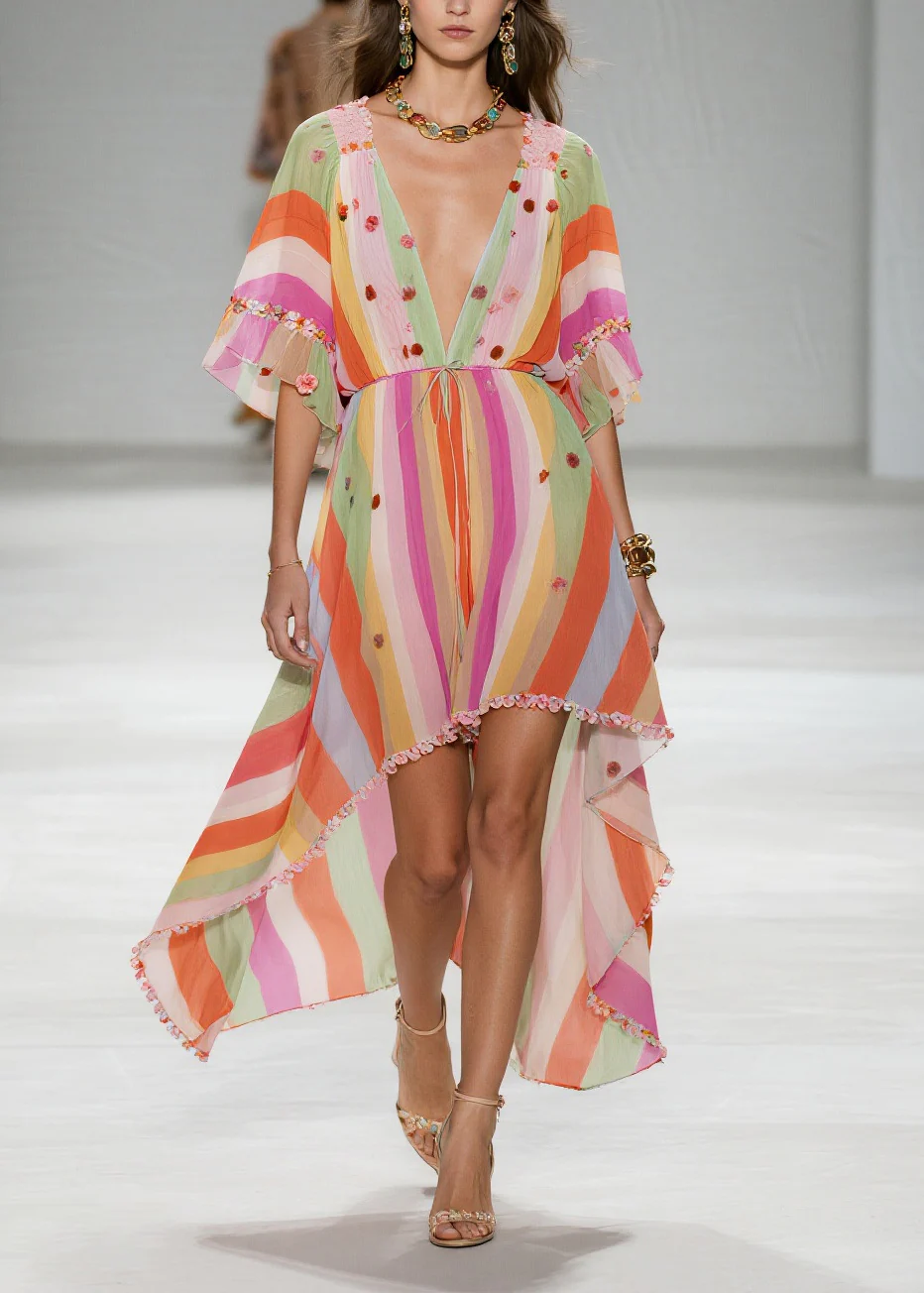 Rainbow Striped Chiffon Party Dress Ruffled Low High Design Summer - Image 3