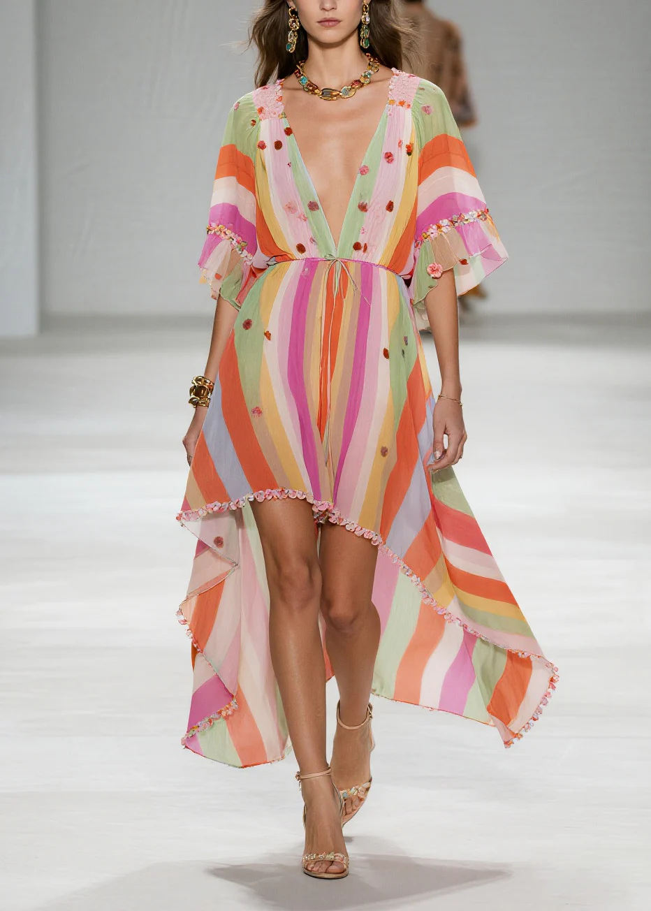 Rainbow Striped Chiffon Party Dress Ruffled Low High Design Summer - Image 5