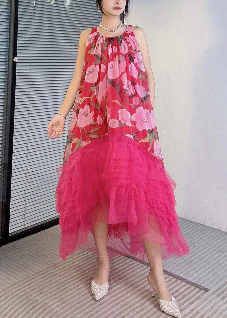 Red Asymmetrical Tulle Patchwork Dresses O-Neck Summer - Image 2
