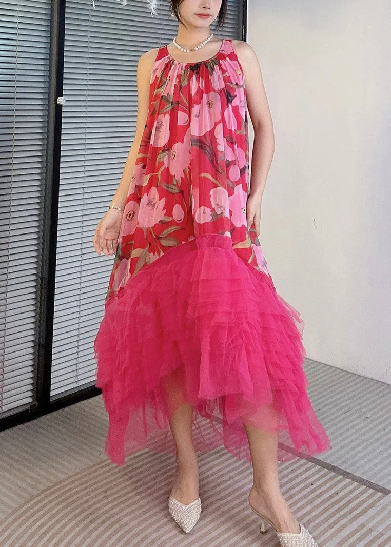 Red Asymmetrical Tulle Patchwork Dresses O-Neck Summer - Image 3