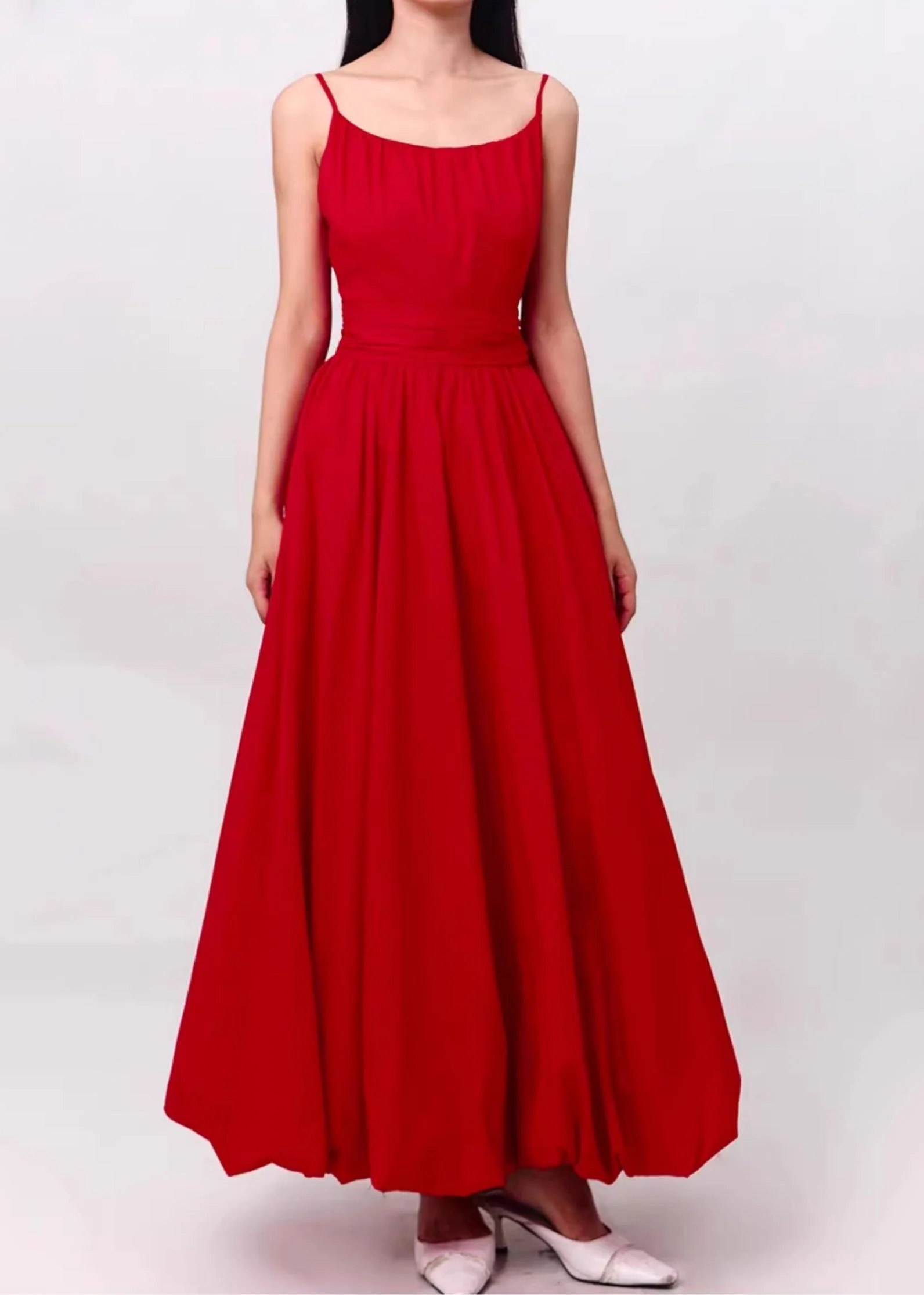 Red Backless Pockets Cotton Spaghetti Strap Dress O Neck Summer - Image 2
