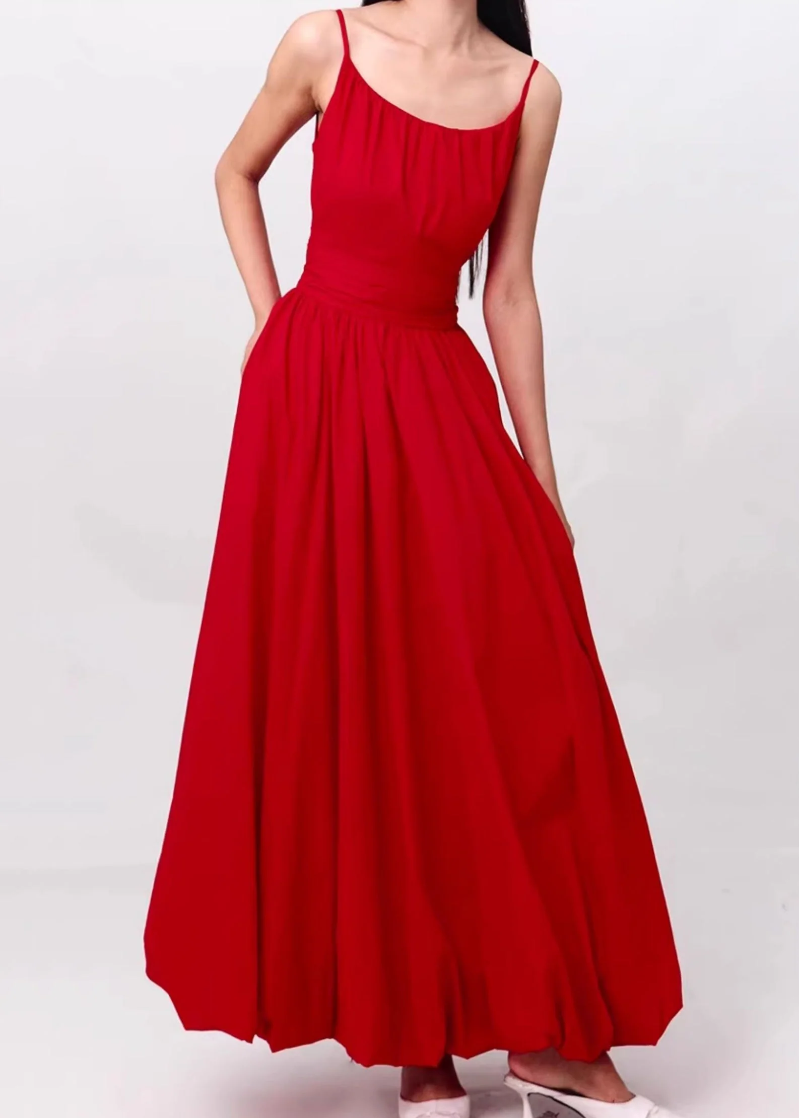 Red Backless Pockets Cotton Spaghetti Strap Dress O Neck Summer - Image 3