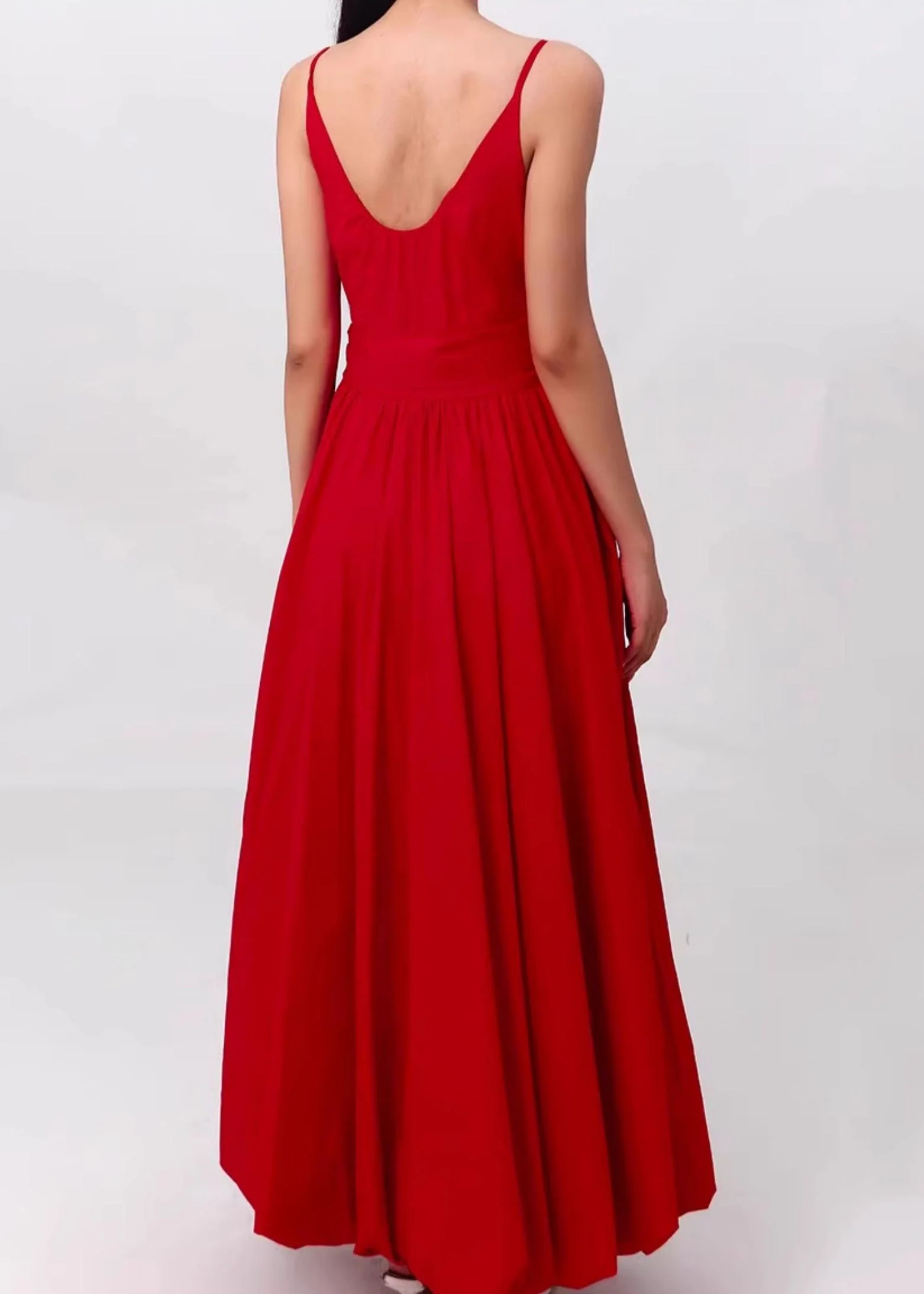 Red Backless Pockets Cotton Spaghetti Strap Dress O Neck Summer - Image 4