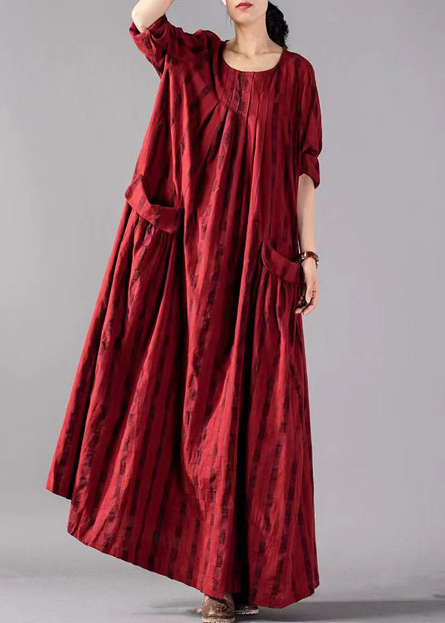 Khaki geometry Big Pockets Linen Vacation Dresses Wrinkled Long Sleeve - Image 2