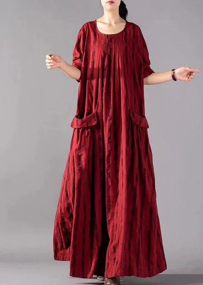 Red Big Pockets Linen Vacation Dresses Wrinkled Long Sleeve - Image 2