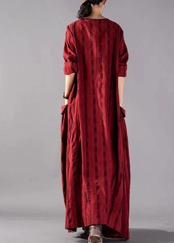 Red Big Pockets Linen Vacation Dresses Wrinkled Long Sleeve - Image 3