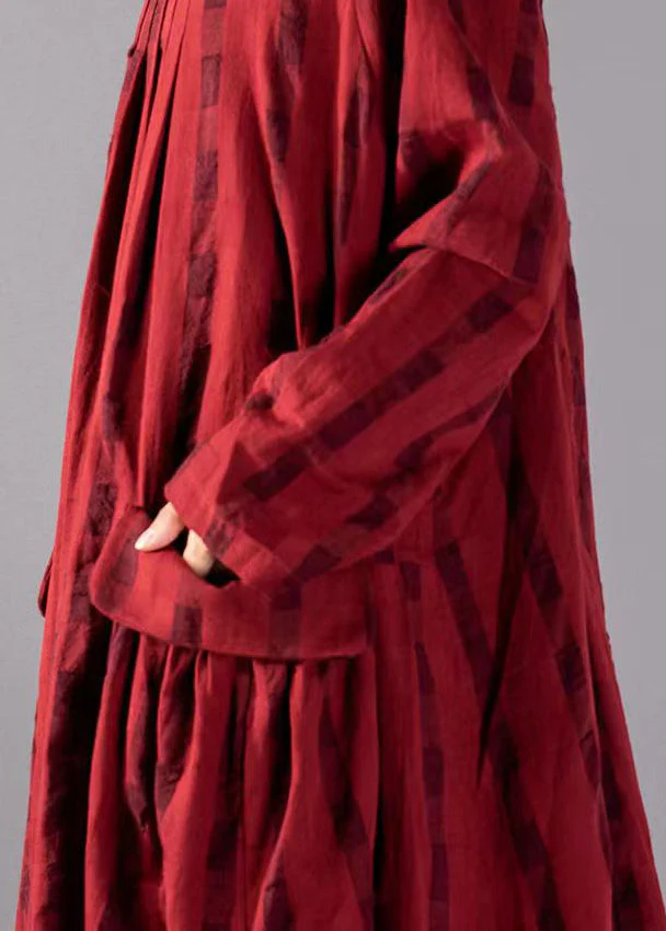 Red Big Pockets Linen Vacation Dresses Wrinkled Long Sleeve - Image 4