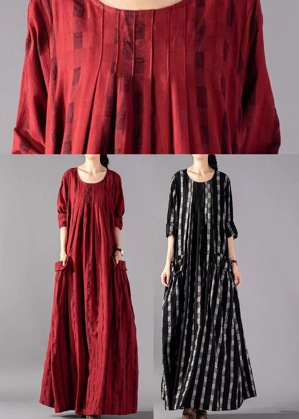 Red Big Pockets Linen Vacation Dresses Wrinkled Long Sleeve - Image 5