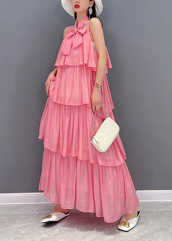 Red Bow Tie Waist Chiffon Layered Dresses Sleeveless - Image 2