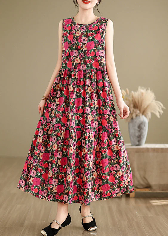 Red Button Patchwork Cotton Long Dress O Neck Summer - Image 2