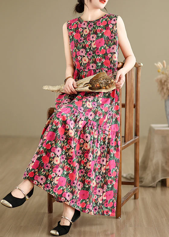 Red Button Patchwork Cotton Long Dress O Neck Summer - Image 3