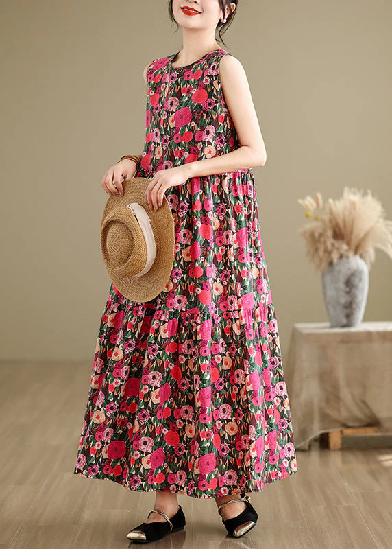 Red Button Patchwork Cotton Long Dress O Neck Summer - Image 4