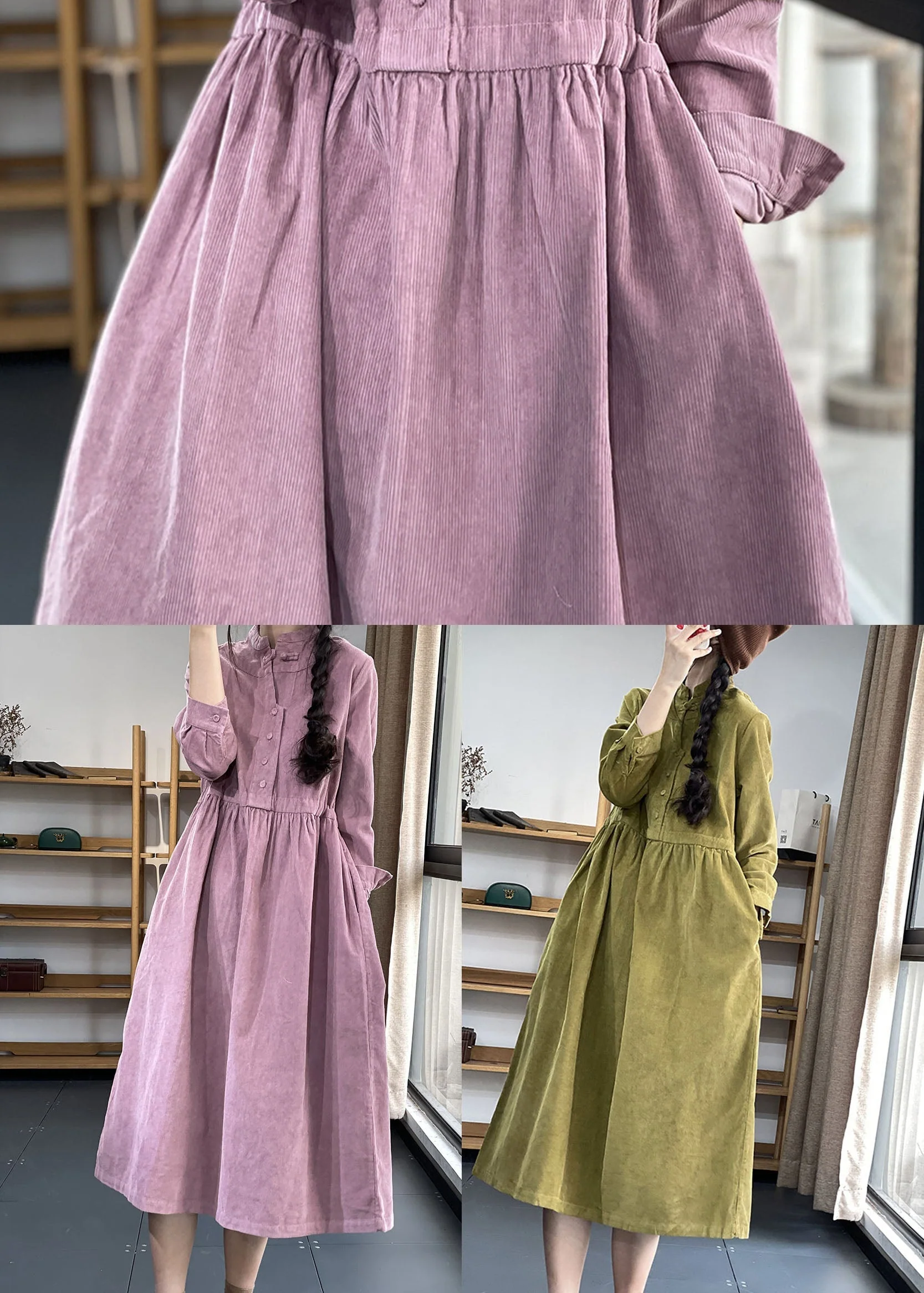Red Button Pockets Corduroy Dresses Winter - Image 7