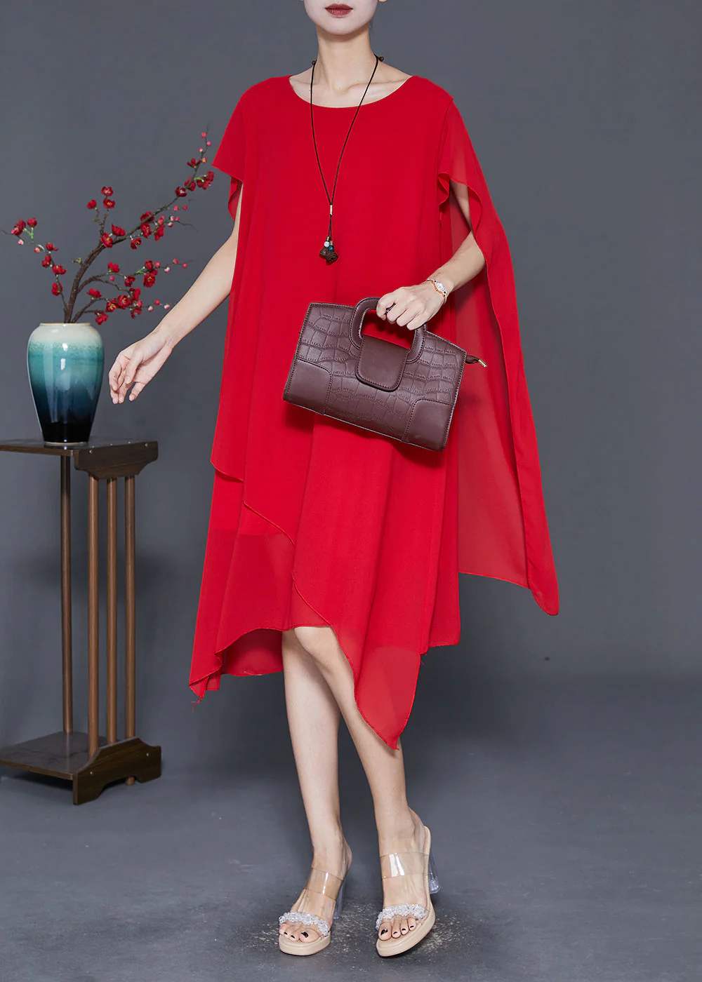 Red Chiffon Long Dress Asymmetrical Draping Cloak Sleeves - Image 2