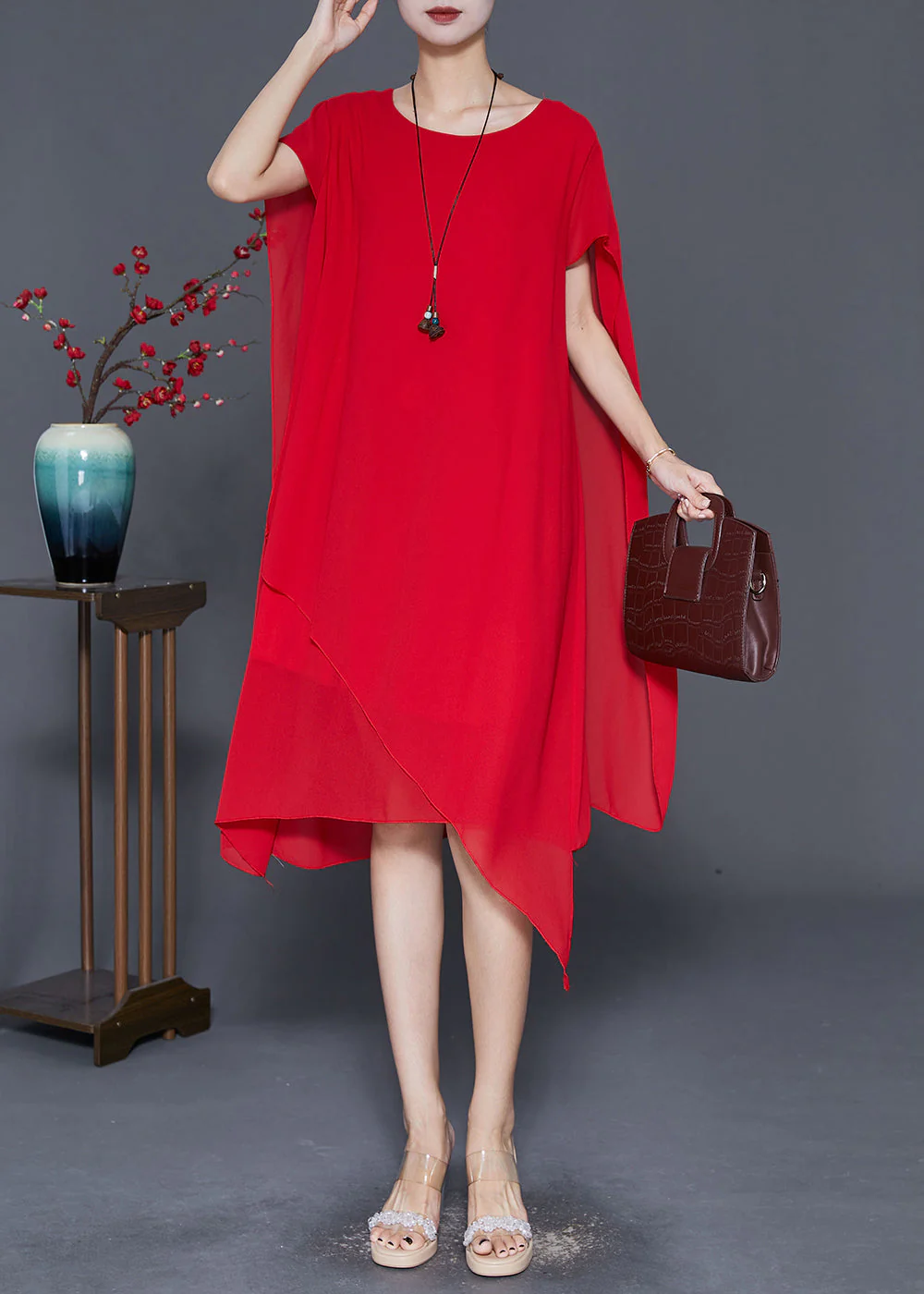 Red Chiffon Long Dress Asymmetrical Draping Cloak Sleeves - Image 3