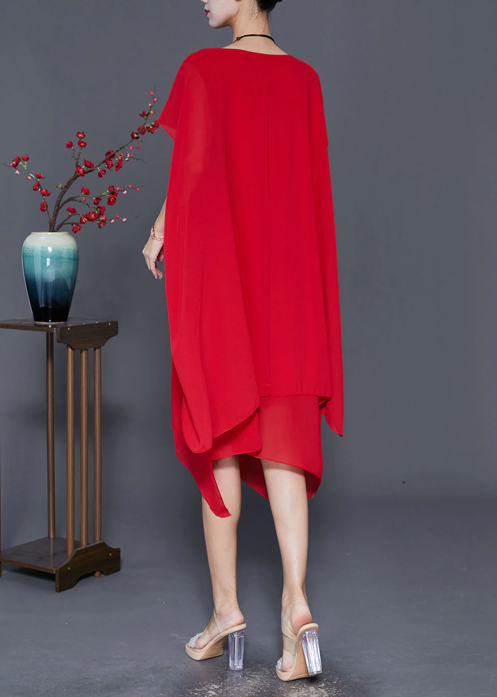 Red Chiffon Long Dress Asymmetrical Draping Cloak Sleeves - Image 4