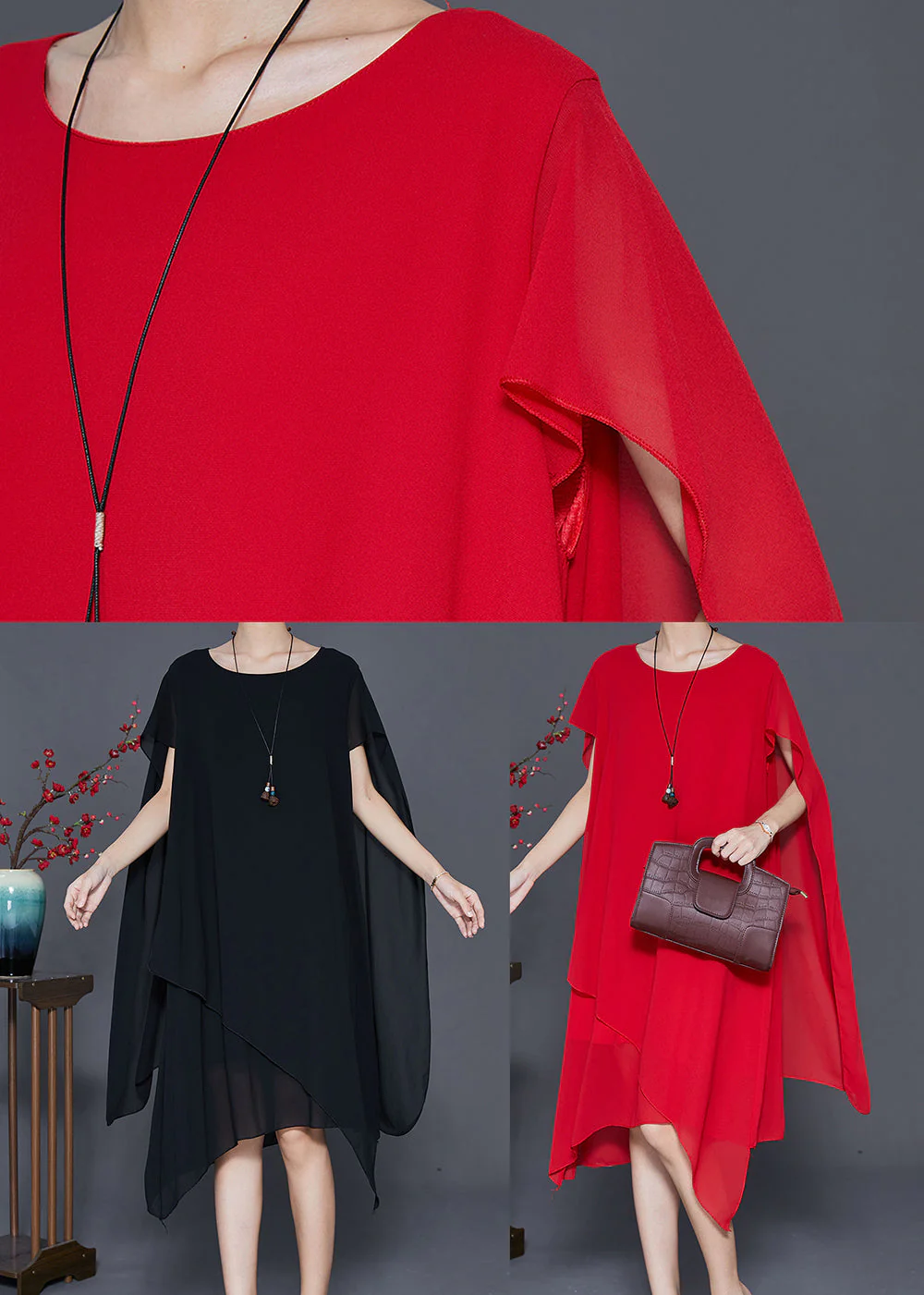 Red Chiffon Long Dress Asymmetrical Draping Cloak Sleeves - Image 5