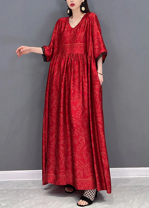 Red Chinese Style Silk Long Dress wrinkled Short Sleeve - Image 2