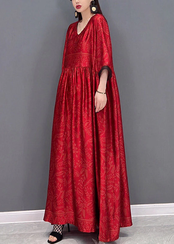 Red Chinese Style Silk Long Dress wrinkled Short Sleeve - Image 3