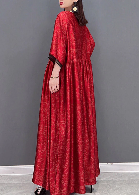 Red Chinese Style Silk Long Dress wrinkled Short Sleeve - Image 4