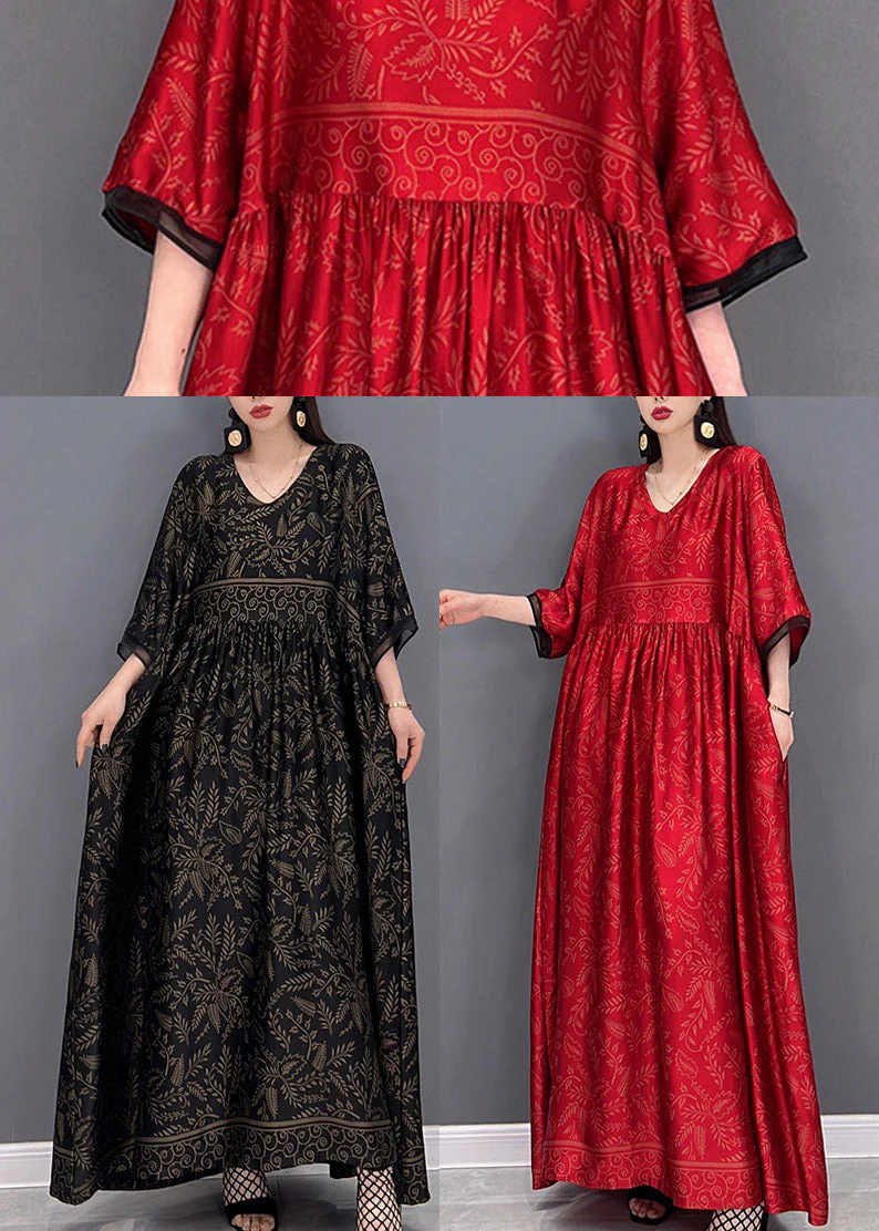 Red Chinese Style Silk Long Dress wrinkled Short Sleeve - Image 5