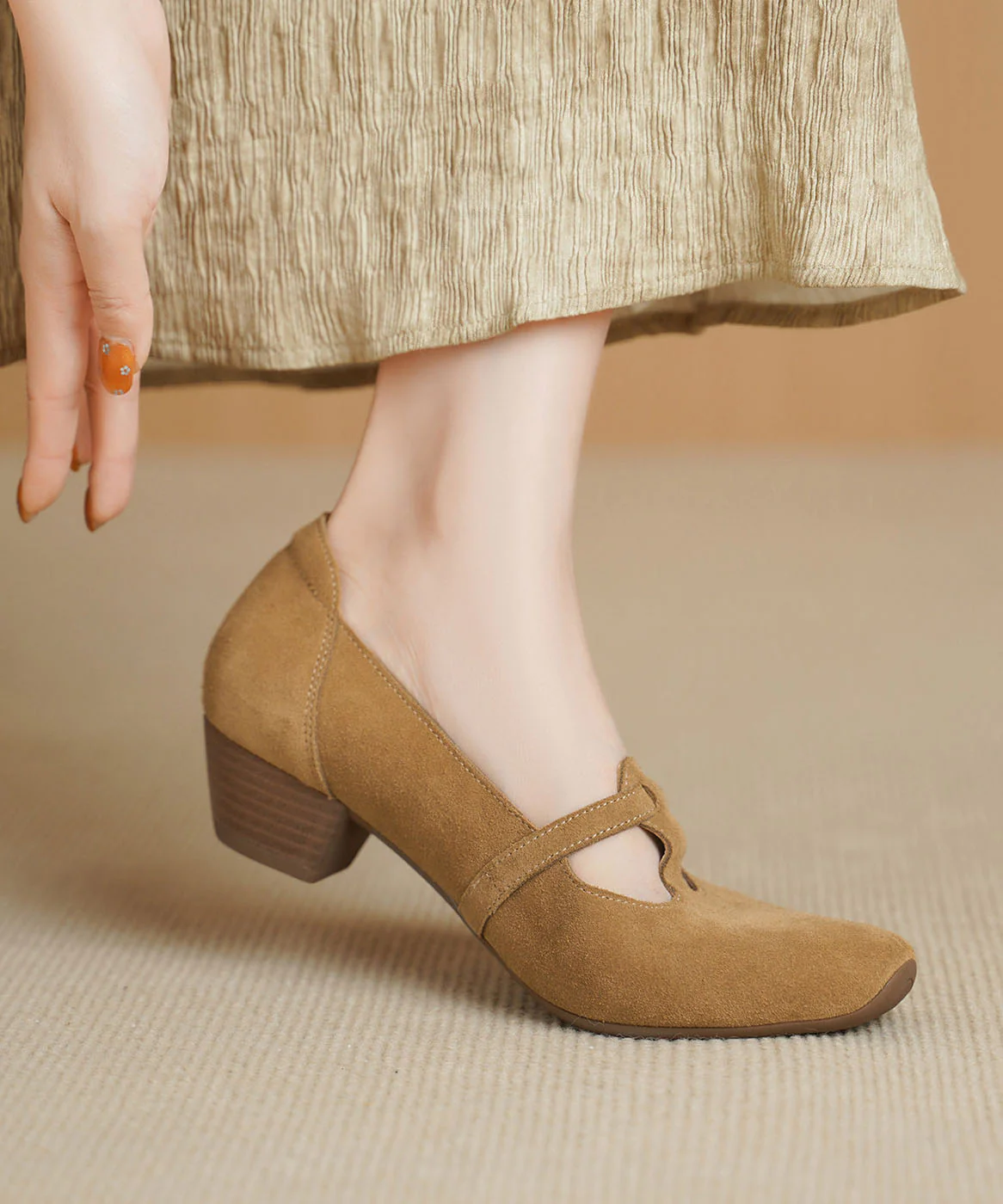 Red Chunky Heel Shoes Suede Chic Splicing Square Toe - Image 2