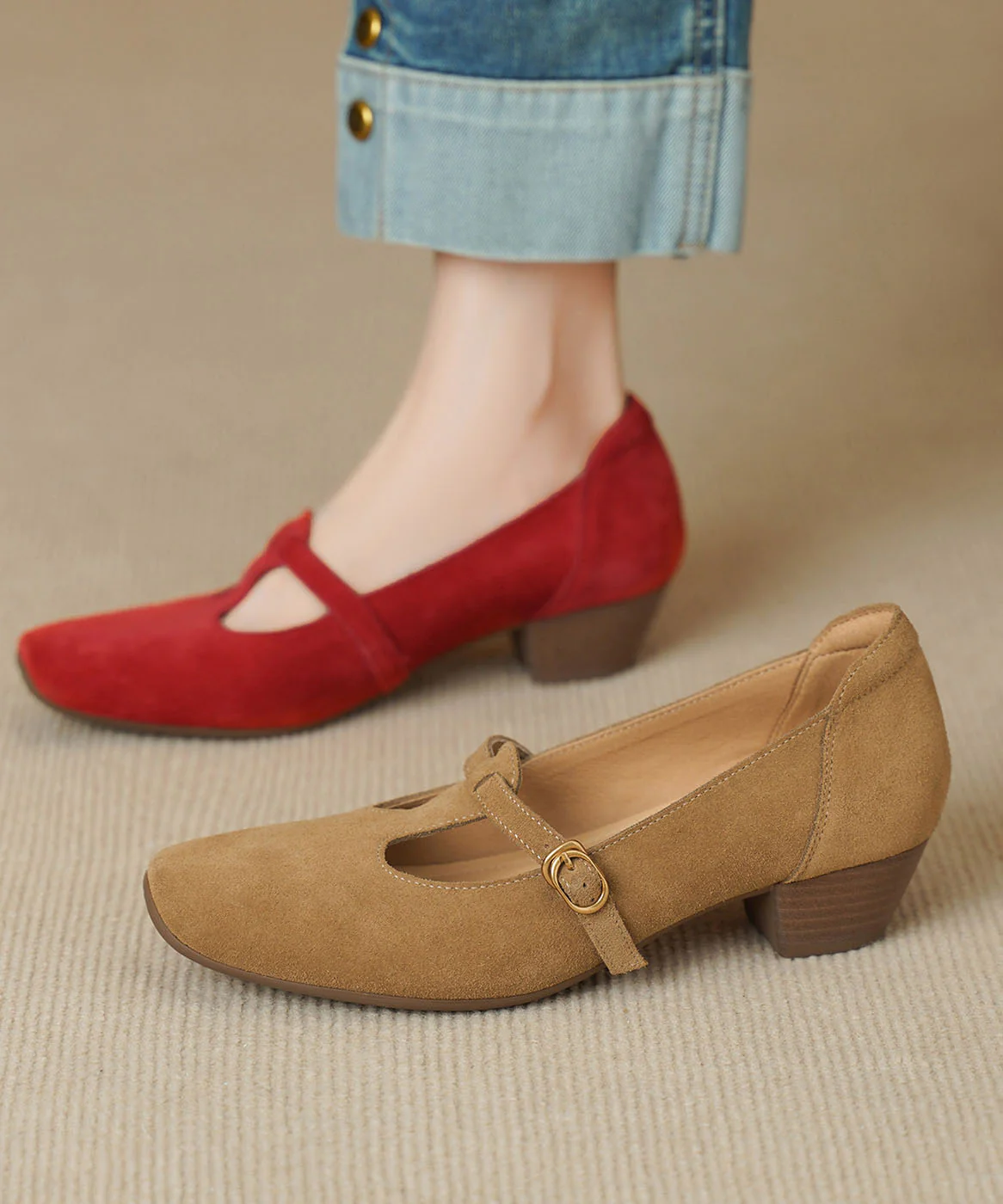 Red Chunky Heel Shoes Suede Chic Splicing Square Toe - Image 3