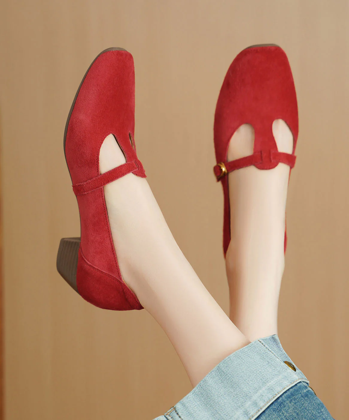 Red Chunky Heel Shoes Suede Chic Splicing Square Toe - Image 4