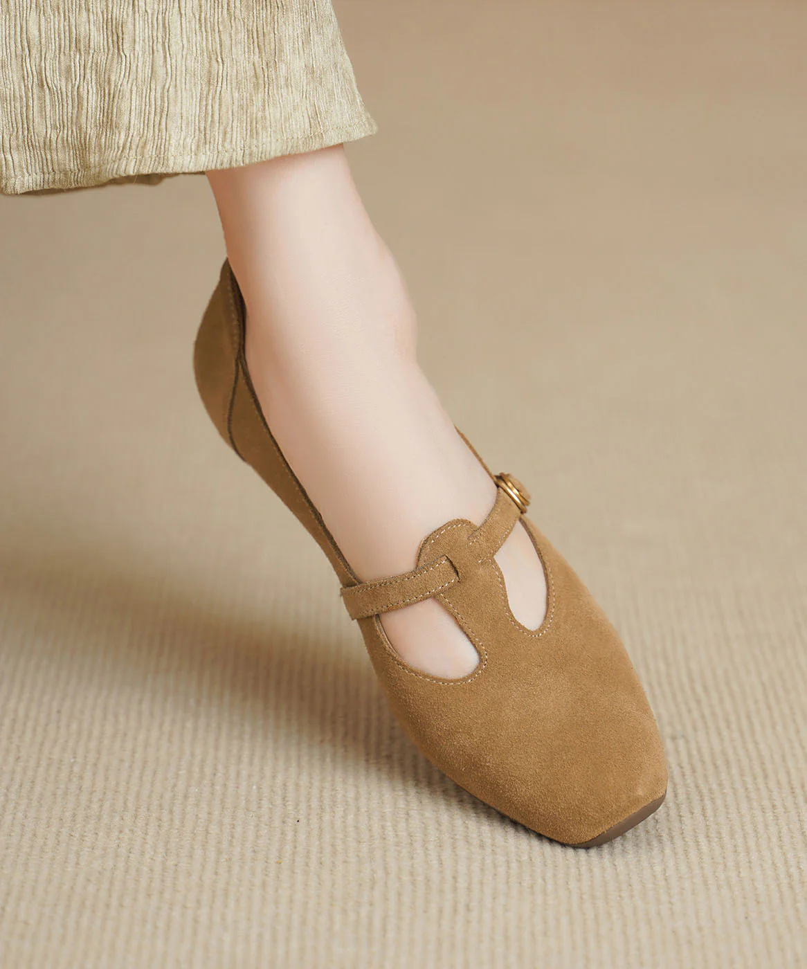 Red Chunky Heel Shoes Suede Chic Splicing Square Toe - Image 5