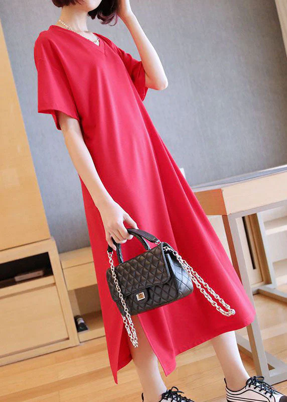 Red Cotton Straight Dresses V Neck Side Open Summer - Image 2