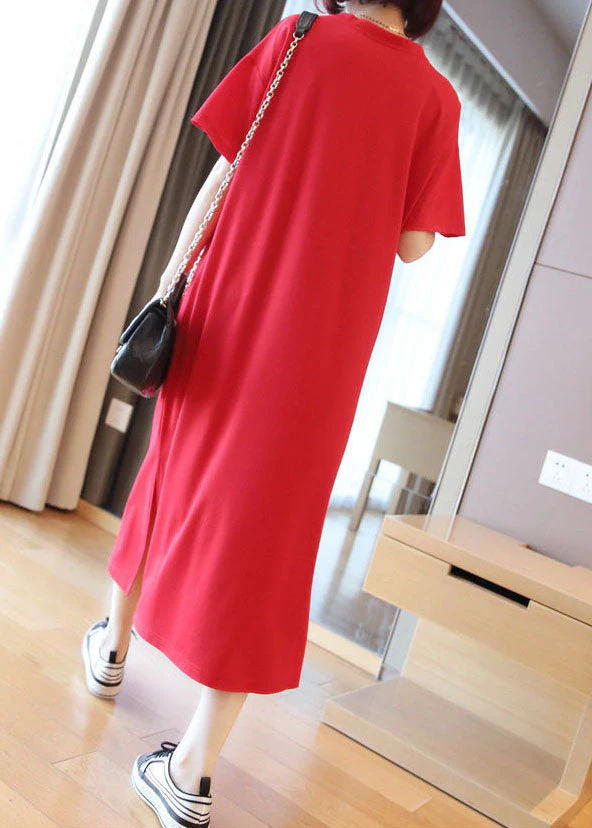 Red Cotton Straight Dresses V Neck Side Open Summer - Image 4