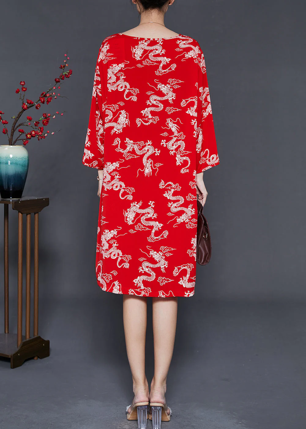 Red Dragon Print Cotton Dresses Chinese Button Summer - Image 4