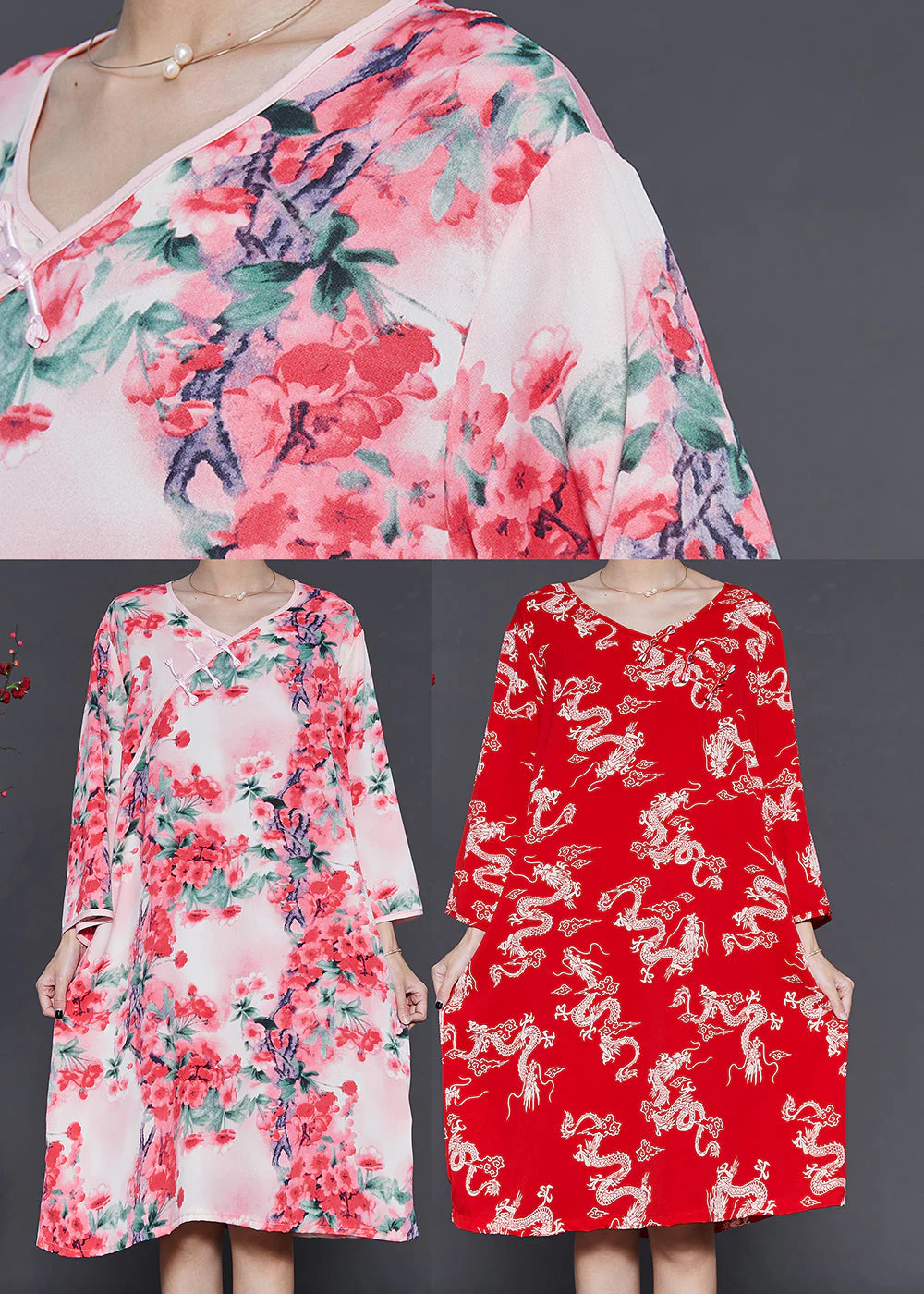 Red Dragon Print Cotton Dresses Chinese Button Summer - Image 5