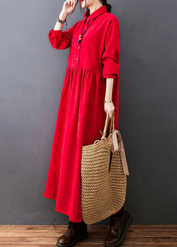 Red Drawstring Button Corduroy Holiday Long Dress Long Sleeve - Image 2
