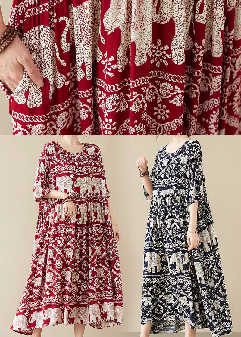 Red Elephant Print Cotton Dress Exra Large Hem Summer - Image 5