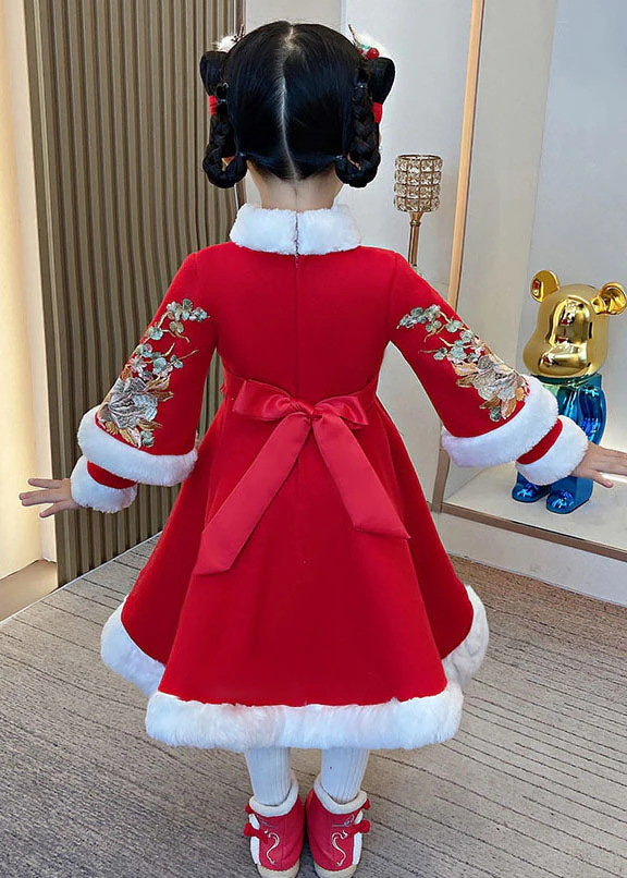 Red Embroideried Fur Collar Thick Kids Maxi Dresses Long Sleeve - Image 4
