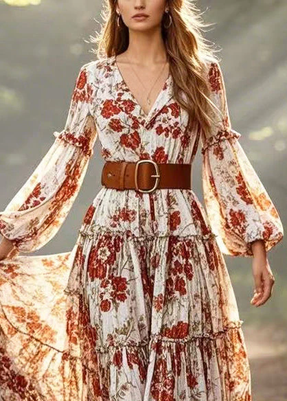 Red Floral Cotton Cinched Dress Exra Large Hem Lantern Sleeve - Image 2