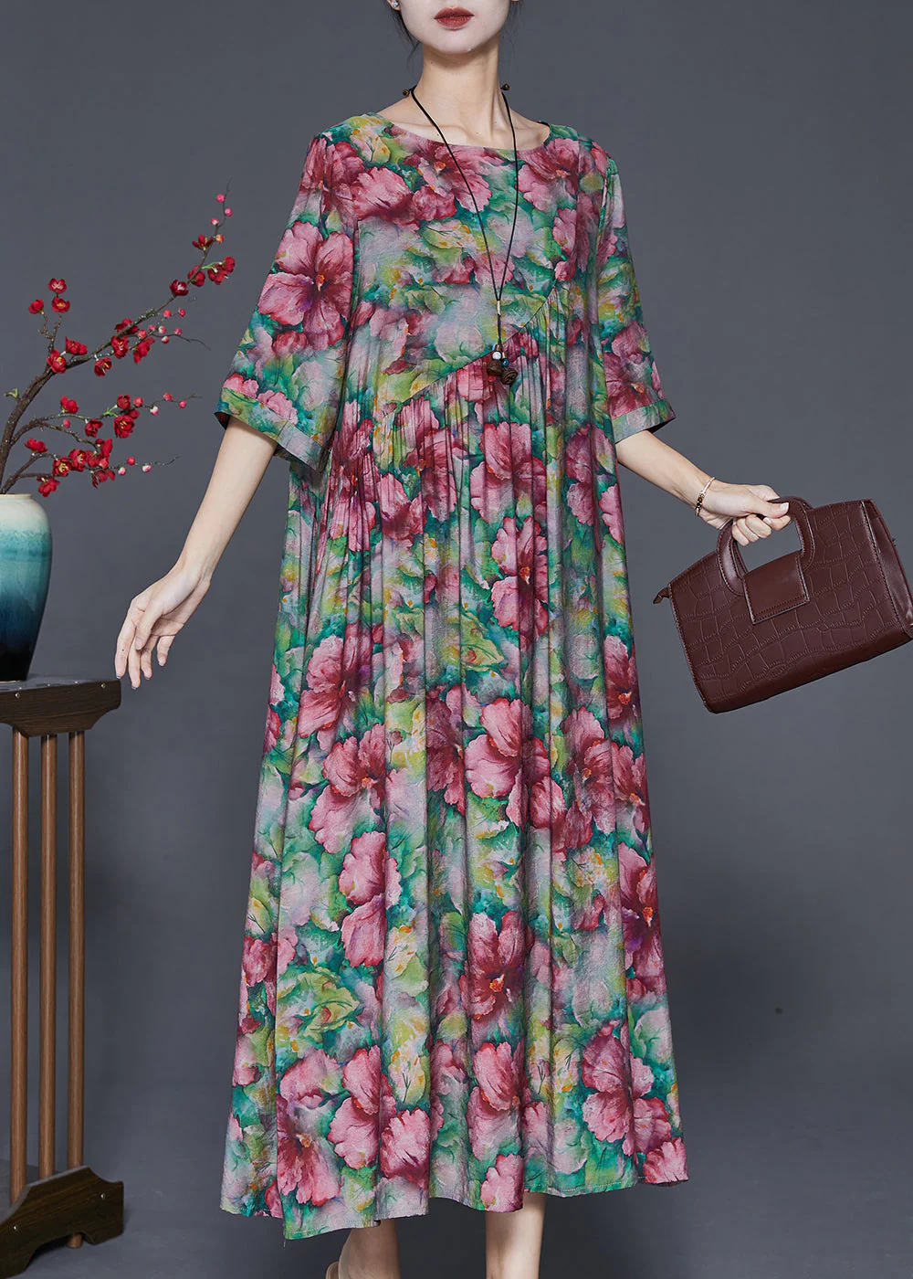 Red Floral Dress Oversized Exra Large Hem Half Sleeve - Image 3