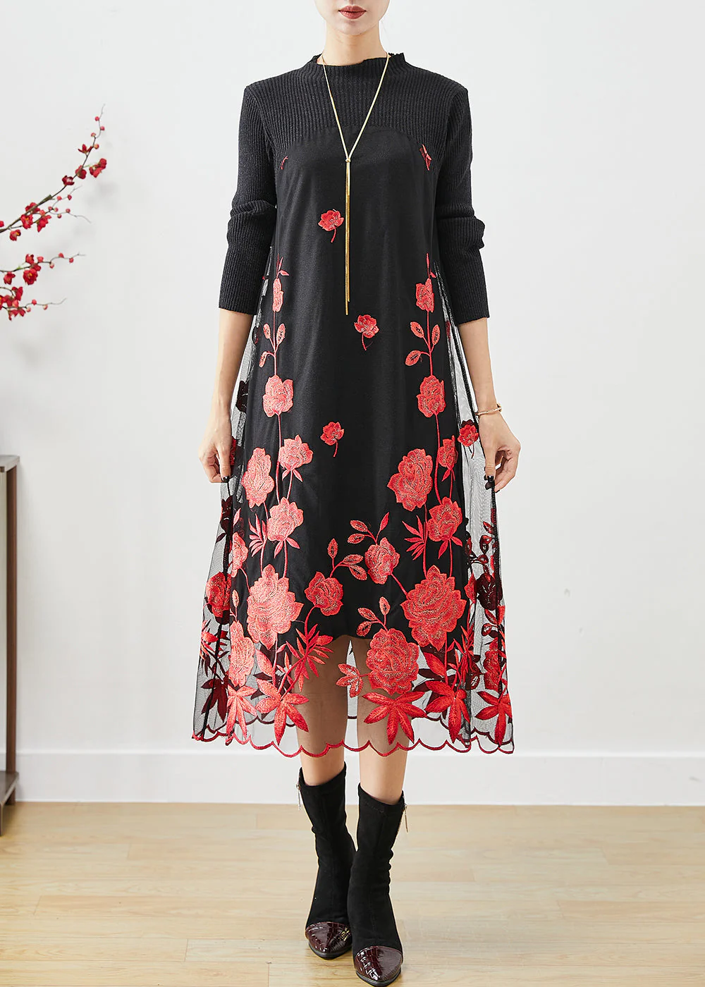 Red Floral Silm Fit Knit Long Dress Embroideried Fall - Image 2