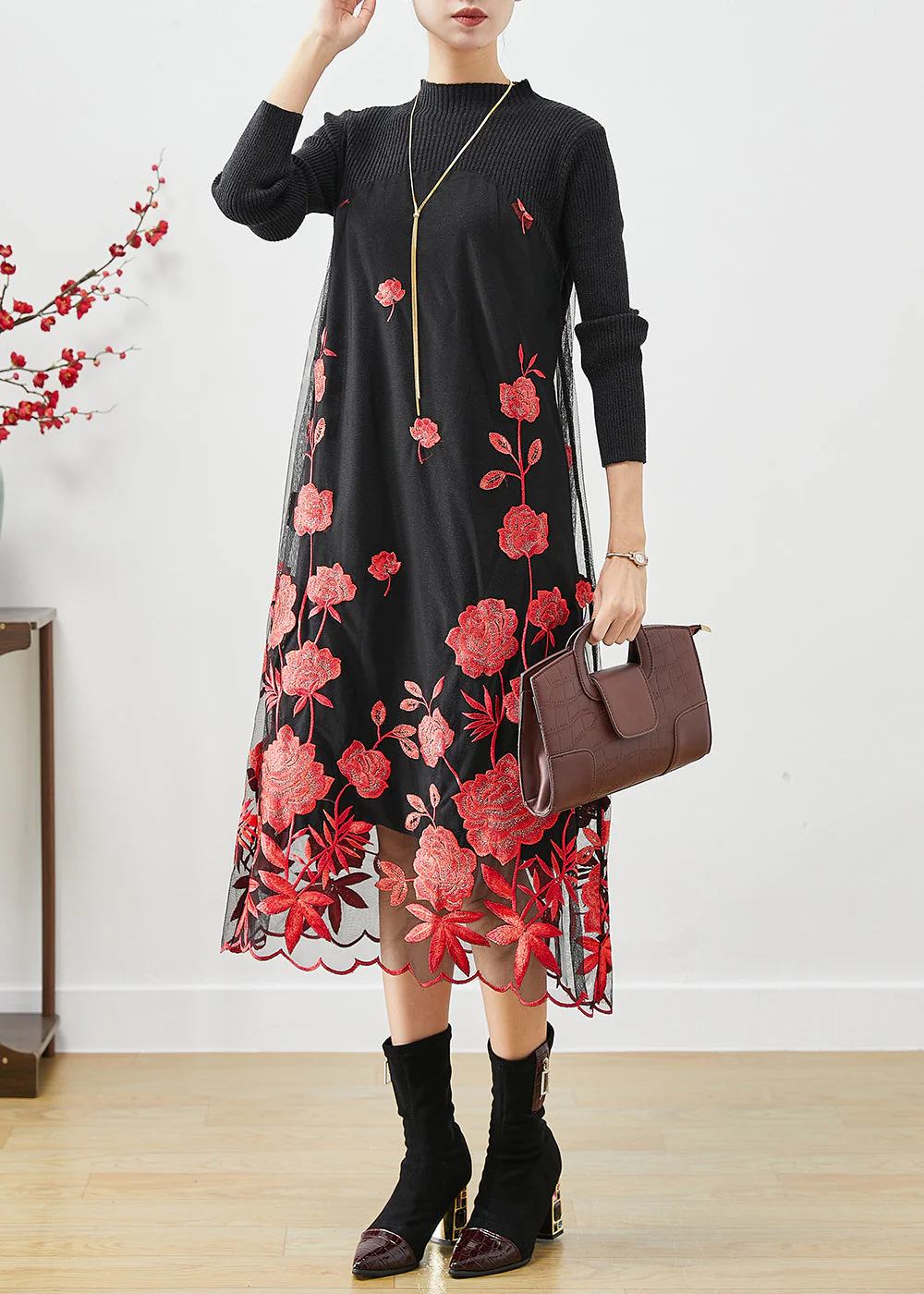 Red Floral Silm Fit Knit Long Dress Embroideried Fall - Image 3