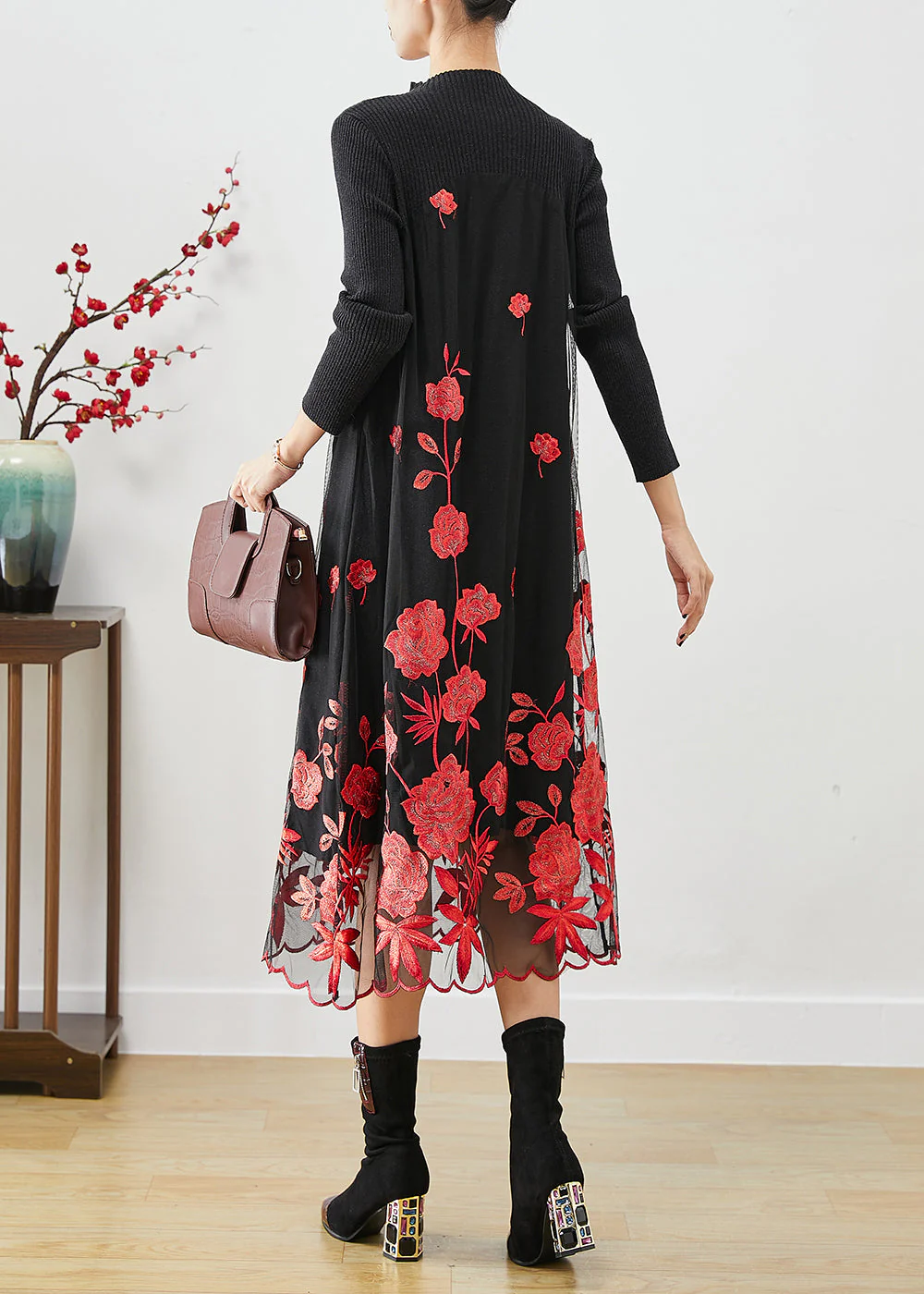 Red Floral Silm Fit Knit Long Dress Embroideried Fall - Image 4