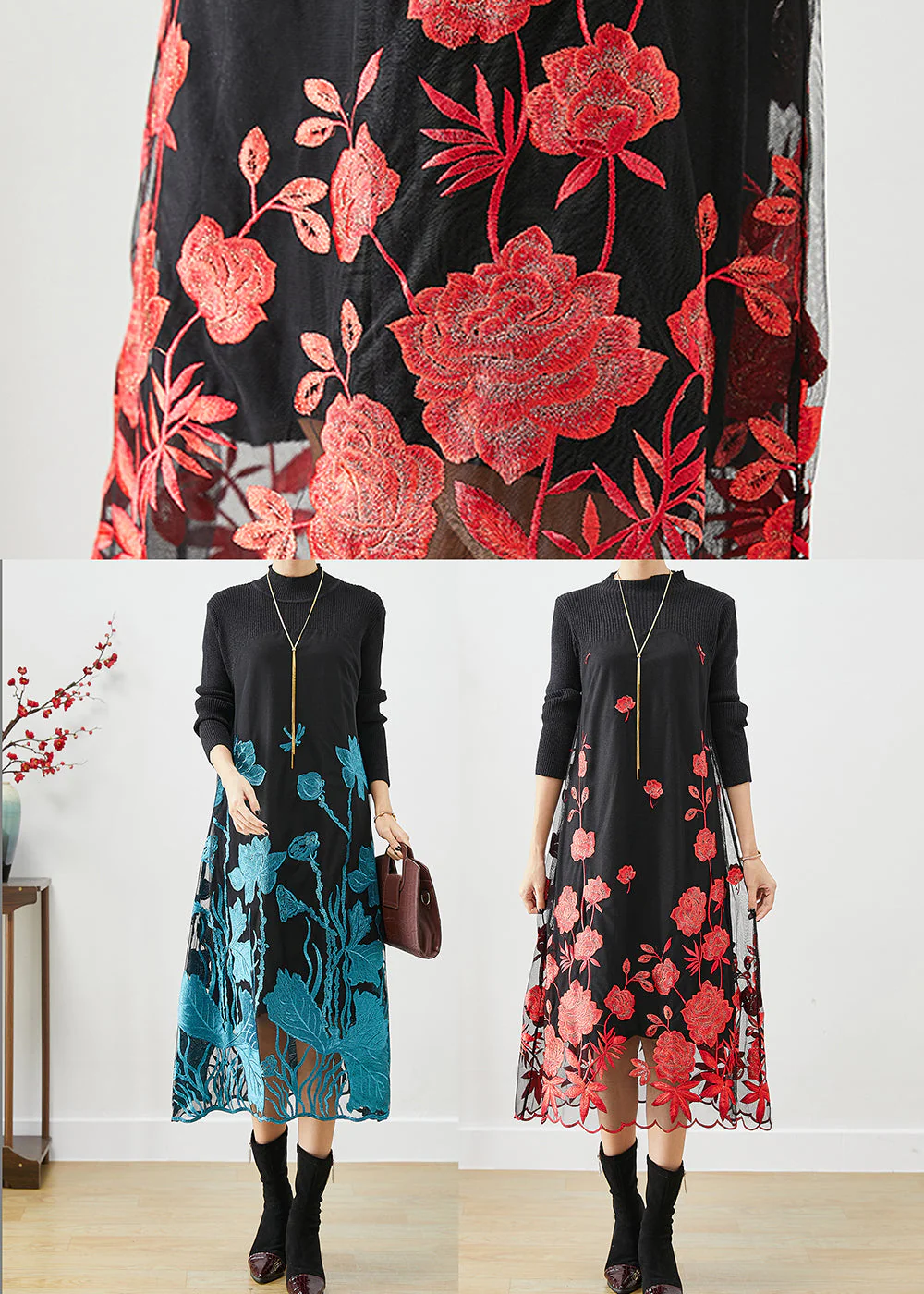 Red Floral Silm Fit Knit Long Dress Embroideried Fall - Image 5