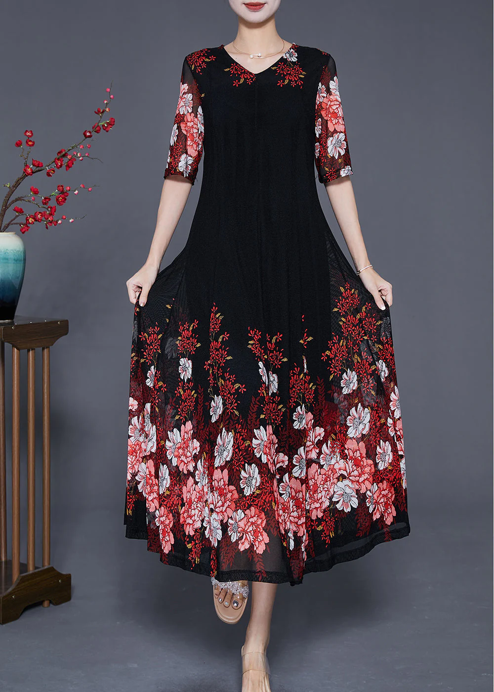 Red Floral Tulle A Line Dress Slim Fit Exra Large Hem Summer - Image 2